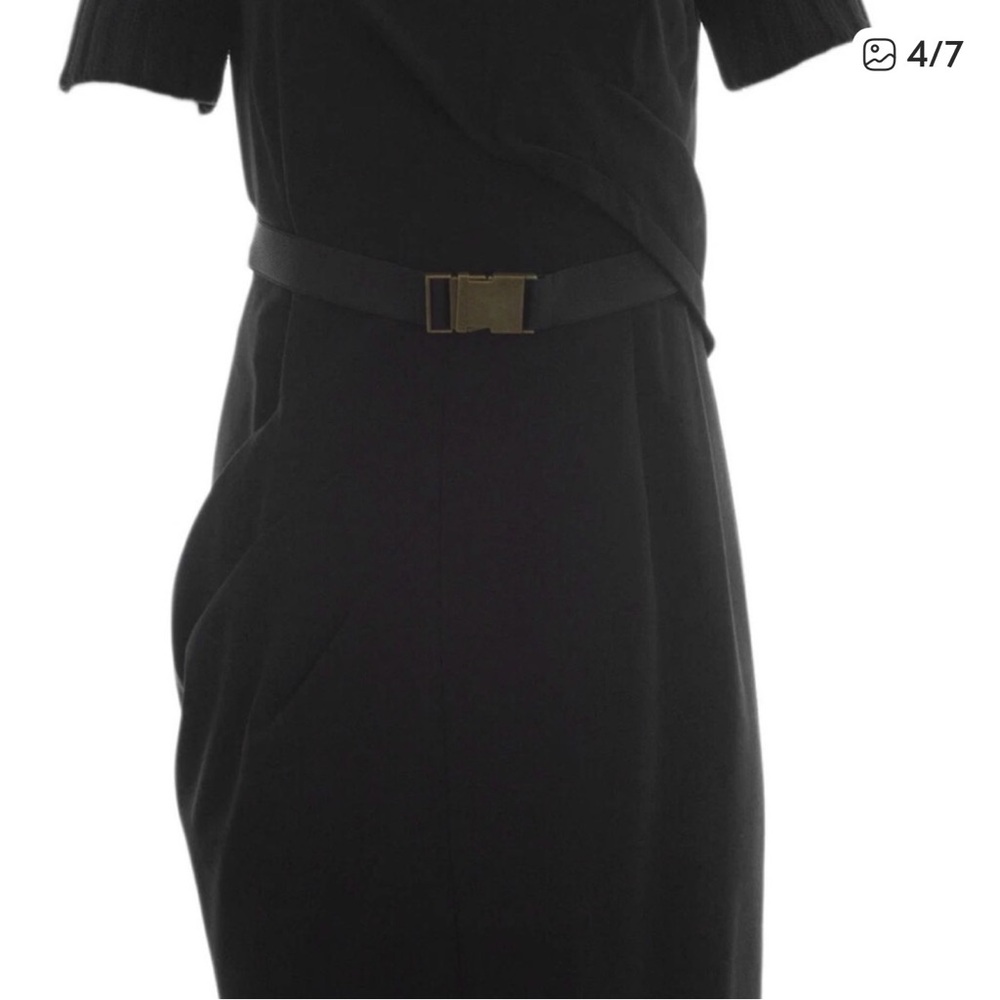 Nue by Shani Shapewear Lined Black V-Neck, Knit Sleeves Belted Midi Dress NWT - Picture 5 of 13